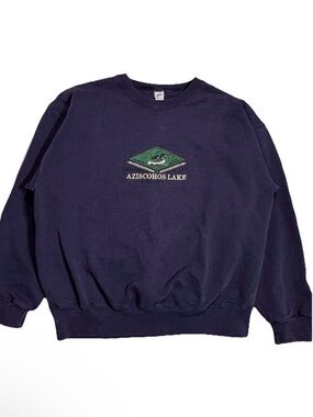 Vintage Aziscohos Lake Loon Duck Embroidered Crewneck Blue Sweatshirt Size Large